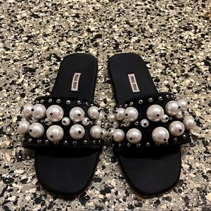 MIU MIU Black Pearl Embellished Velvet Slides 38